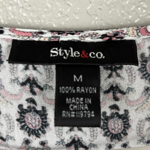 Style&Co Size Medium White Paisley Boho Bell Sleeve Round Neck Tunic Blouse Top - Picture 5 of 8